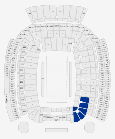 Seating diagram of Acrisure Stadium indicating seating in sections 102-107